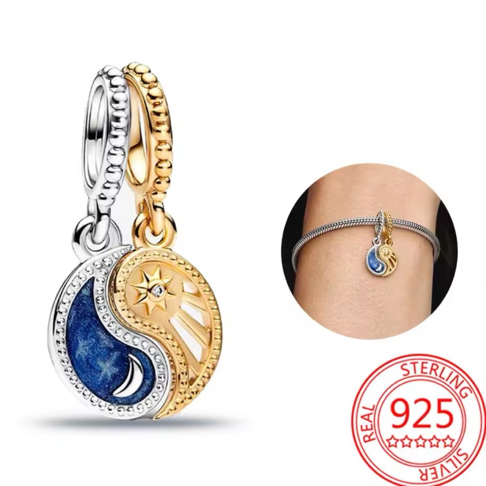 Splittable Sun&Moon Dangle-18K Gold Plated 925S Silver Pandora Charm & Chain.NWT